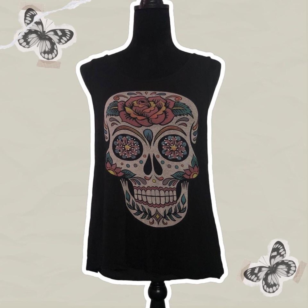 Ocasion Women’s Black Floral Rhinestone Sugar Skull Graphic Racerback Tank Top
